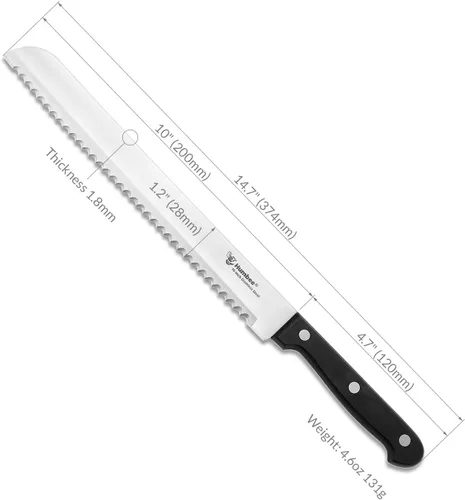 Miniatura 2 de Cuchillo de pan dentado de 10 pulgadas, hoja de acero inoxidable de alta calidad con borde ondulado, mango de espiga completa, cuchillo afilado