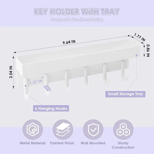 Miniatura 5 de VIS'V Soporte para llaves de pared, soporte adhesivo compacto para llaves con bandeja, 6 ganchos, 2 opciones de montaje, color blanco