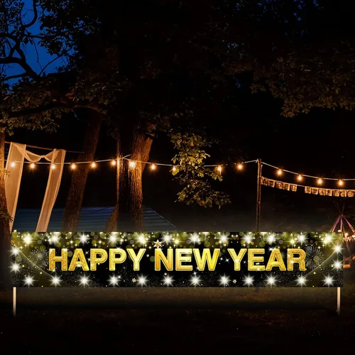 Miniatura 4 de Letrero grande de feliz año nuevo con luces LED para decoraciones de Navidad, cartel negro y dorado de 118 x 19.6 pulgadas con clips transparentes
