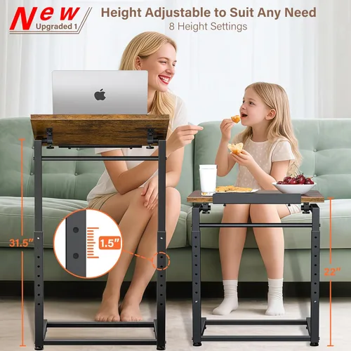 Miniatura 3 de Mesa para Bandeja de TV, Mesa Lateral para Sofá Ajustable en 8 Alturas, Mesa de Extremo en Forma de C con Ajuste de Ángulo de Inclinación de 90°