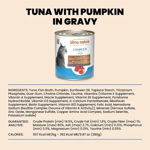 Miniatura 6 de almo nature HQS Complete CAT - Receta de atún húmedo para gatos con calabaza en salsa, comida para gatos sin granos, 9.87 onzas (paquete de 24)