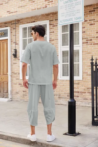 Miniatura 6 de COOFANDY Conjunto de 2 piezas de lino para hombre, camisa Henley de manga corta y pantalones capri harén, pierna ancha, holgados, pantalones de yoga
