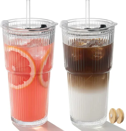 Miniatura 8 de Ruckae Paquete de 10 botellas de jugo de 16 onzas, botellas de vidrio con tapas, tapas de taza de batido y pajitas, botella de agua, vasos