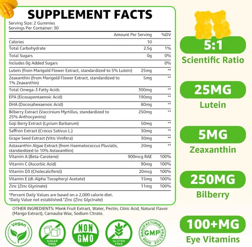Miniatura 2 de Gomitas de luteína sin azúcar de 25 mg, suplementos de luteína y zeaxantina para la salud ocular, fórmula 13 en 1 para el cuidado de los ojos