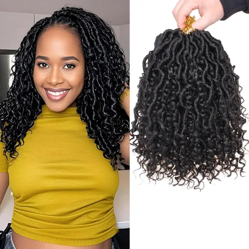 Miniatura 34 de COOKOO 14 pulgadas, 8 piezas de cabello de ganchillo Goddess Locs en total 112 hebras de pelo sintético negro natural de ganchillo de río hippie