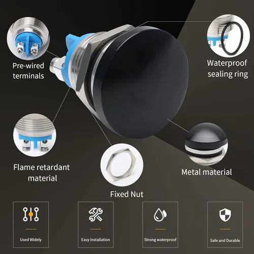 Miniatura 5 de STARELO Interruptor momentáneo de botón de presión de 16 mm con cabeza de hongo, metal de acero inoxidable IP65 impermeable 2Pin SPST 1NO 5A 250V AC