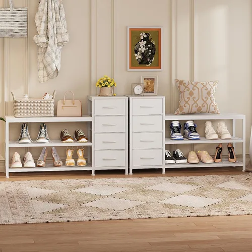 Miniatura 3 de EXOTICA Banco de almacenamiento para zapatos de 3 niveles, blanco, estante para zapatos de entrada con 4 cajones y asiento, estante
