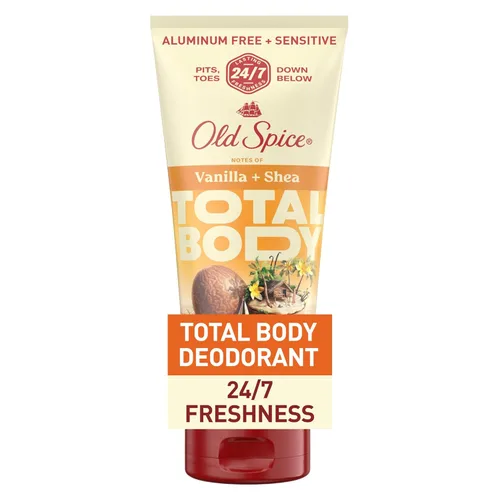 Old Spice Crema desodorante de cuerpo entero para hombres, sin aluminio, aroma a vainilla + karité, protección contra olores 24/7, frescura duradera