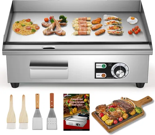 Moogiantgo - Plancha eléctrica comercial de 22 pulgadas, 1600 W, antiadherente para encimera, acero inoxidable, caja de aceite extraíble, Plano