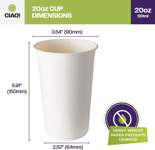 Miniatura 4 de CIAO! Vaso caliente de papel blanco de 20 onzas, desechable, 3.543 in de diámetro, 600