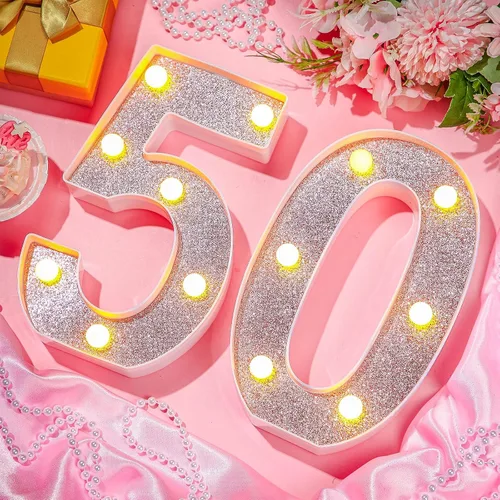 Miniatura 4 de Treela Números LED iluminados decorativos de 8.7'' para cumpleaños, letrero de números de marquesina de purpurina para decoración de fiesta de Oro