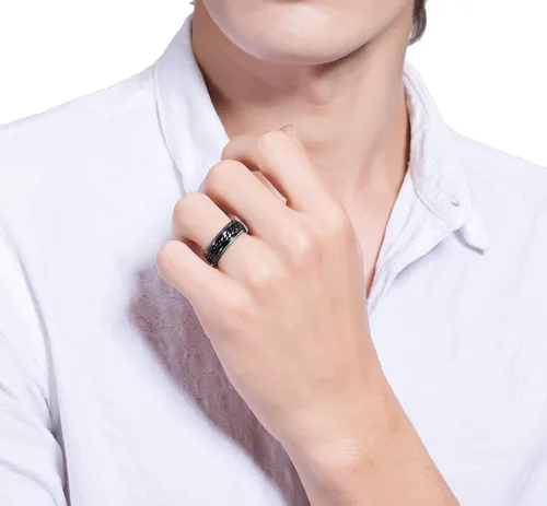 Miniatura 5 de FIBO STEEL - Anillos de acero inoxidable de 8mm para hombres, anillos con cadena incrustada y borde con textura, disponible en tallas 7-14