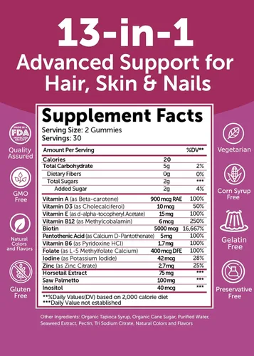 Miniatura 5 de Lunakai USA Made Super Hair Gummies con biotina, zinc, extracto de cola de caballo y palma enana americana – Vitaminas para el crecimiento