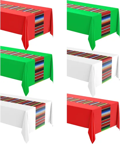 Miniatura 10 de Oudain Mantel de plástico para fiesta, 3 piezas, 108 x 54 pulgadas, desechables, impermeables, mexicanos, a rayas, para noche de tacos, festivales