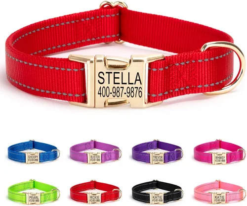 Miniatura 23 de Collar de perro personalizado con etiqueta de nombre, collar de nailon reflectante para mascotas, collares de perro con hebilla grabada Rosa