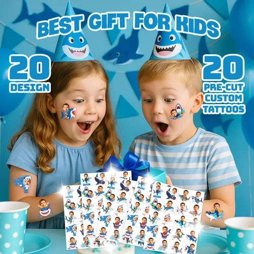 Miniatura 4 de Tatuajes temporales de tiburón personalizados para niños, tatuajes de fotos faciales precortados personalizados, divertidos recuerdos de fiesta