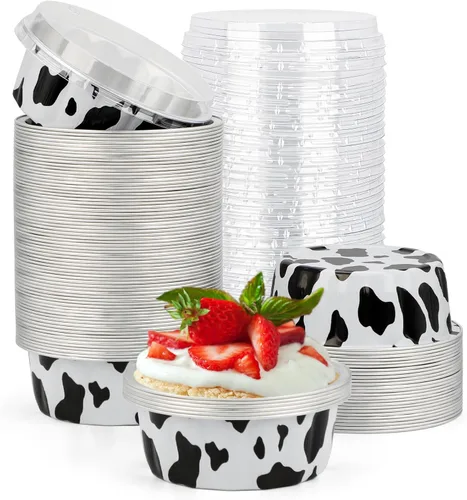 Miniatura 72 de Beasea Ramequines con tapas, 8oz 50 unidades de tazas de aluminio desechables para hornear, tazas de papel de aluminio plateado para creme brulee