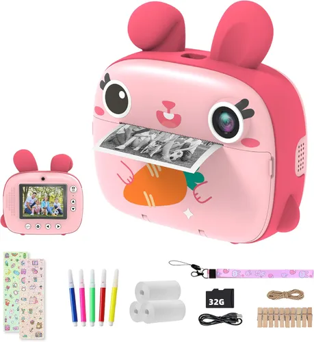 Cámara instantánea para niños, cámara de impresión instantánea de 2.5 K sin tinta, tarjeta de 32 GB, selfie y video de 1080P, regalo de juguete rosa