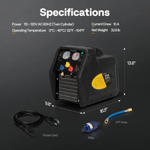 Miniatura 7 de VIVOHOME 1 HP Máquina de recuperación refrigerante portátil de doble cilindro R32 R1234yf R454B, unidad de reciclaje de freón sin aceite para Negro