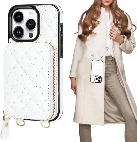 Miniatura 14 de Bocasal Funda tipo cartera cruzada para iPhone 14 Pro, bloqueo RFID, de piel sintética, con cremallera, funda tipo cartera con función atril y Gris