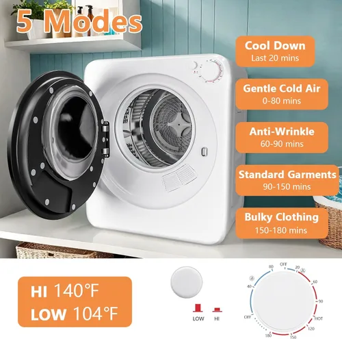 Miniatura 2 de DOGHLY Secadora de ropa eléctrica portátil de 120 V, secadora de ropa compacta de 800 W, fácil control, 1.6 pies cúbicos de carga frontal de acero