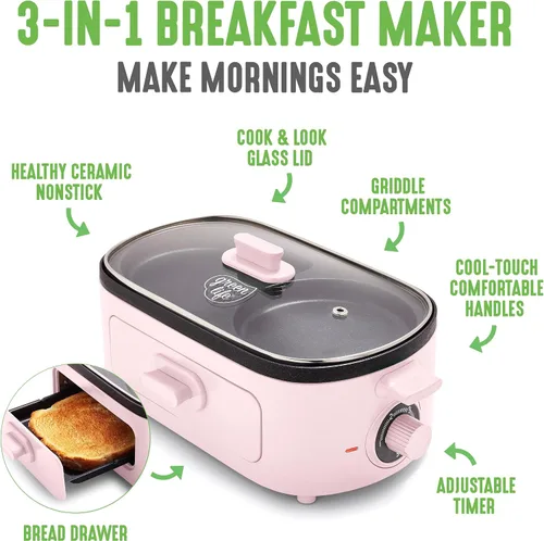 Miniatura 3 de Estación de preparación de desayuno 3 en 1 GreenLife, planchas duales antiadherentes de cerámica saludables para huevos, carne, salchichas, tocino