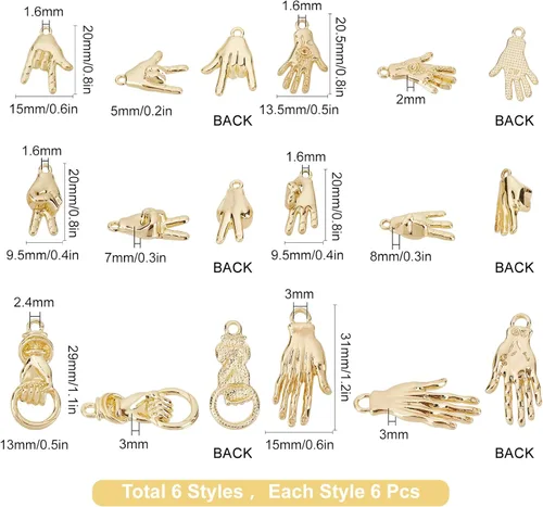 Miniatura 2 de SUNNYCLUE 1 caja de 36 piezas de 6 estilos de dijes contra el mal de ojo, gesto de mano, dije de victoria para hacer joyas, dijes, collares, aretes