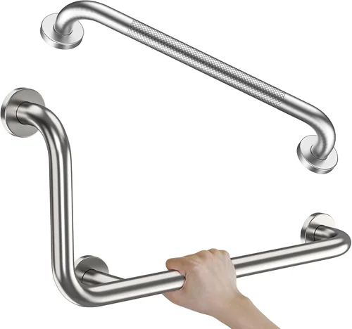 Miniatura 8 de Barra de sujeción en forma de L de cromo pulido de 12x24 pulgadas + pasamanos de ducha estriado de 20 pulgadas, barra de seguridad para inodoro