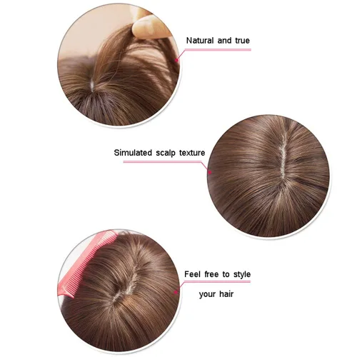 Miniatura 4 de Cubrecabello sintético de 14 pulgadas para pérdida de cabello, clip en pieza superior con flequillo de aire (estilo delgado, marrón)