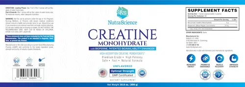 Miniatura 5 de NutraScience - Monohidrato de creatina en polvo con BioPerine, apoya el crecimiento y la recuperación muscular magra, 60 porciones, 5000 mg por