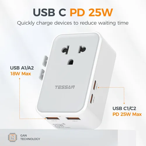 Miniatura 4 de TESSAN Adaptador de viaje universal PD 25W, adaptador de corriente internacional ultrafino, cargador rápido, adaptador de enchufe mundial con 2 USB