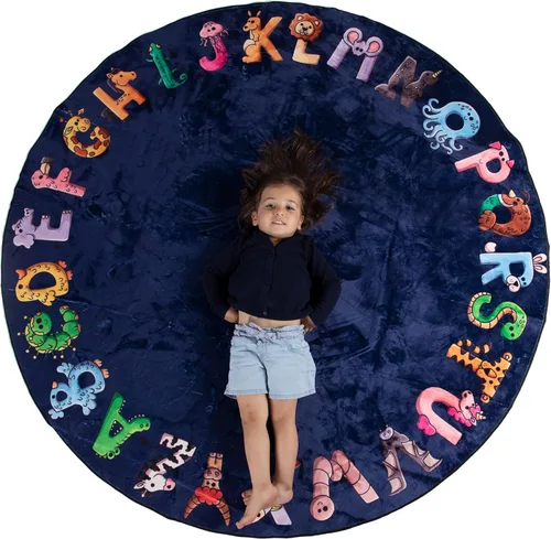 ABC - Alfombra del alfabeto para niños, alfombra de juego redonda azul de 6 pies para niños pequeños y bebés, decoración suave para el cuarto del