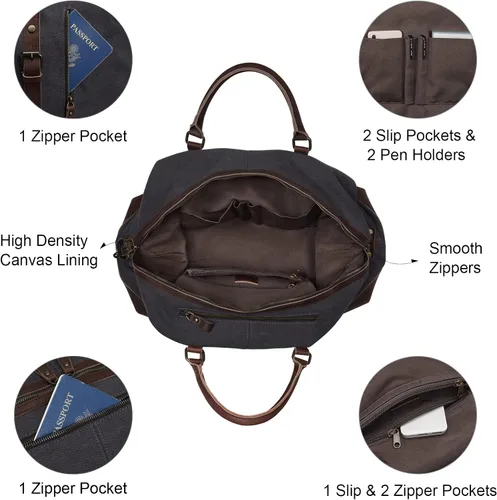 Miniatura 29 de S-ZONE - Bolsa de viaje de lona sobredimensionada con adornos de cuero genuino, bolsa deportiva de hombro de fin de semana, bolso de fin de semana