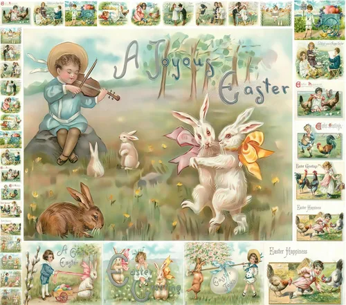 Decoupage - Paquete de papel (21 hojas de 6 x 8 pulgadas), diseño de conejitos de Pascua y niños FLONZ, estilo vintage, para decoupage, manualidades