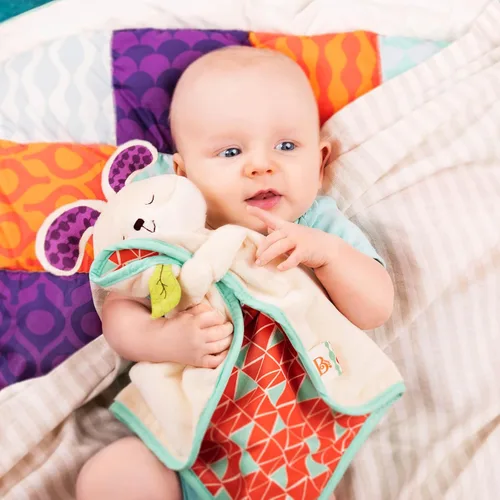 Miniatura 5 de B. toys – Manta de seguridad Baby Bunny con tela de felpa suave – Manta sensorial de confort con área crujiente para recién nacidos y bebés