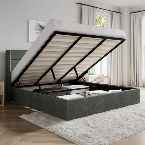 Miniatura 17 de SHA CERLIN - Cama de tamaño completo con almacenamiento elevado/Cabecero abatible moderno/Base de cama tapizada con plataforma/Almacenamiento Beige