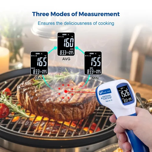 Miniatura 2 de Ring Laser DS20: 1 termómetro infrarrojo pistola de temperatura con carne, pistola térmica con emisividad ajustable y alarma alta/baja, ± 1% de Azul