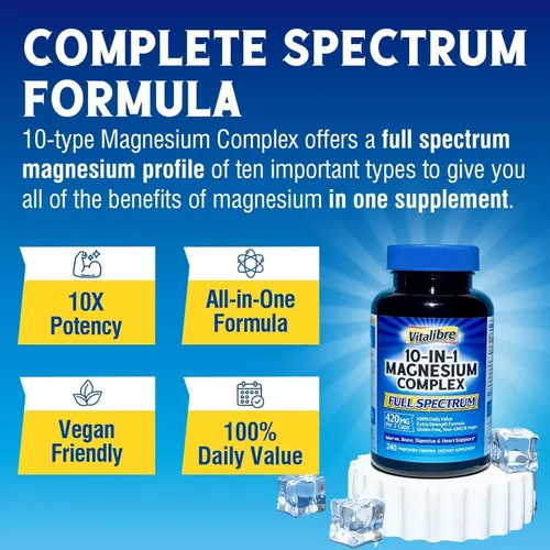 Miniatura 3 de Vitalibre Complejo de magnesio 10 en 1, 420 mg de magnesio elemental, ultra fuerza, máxima absorción, suplemento de magnesio quelado para nervios