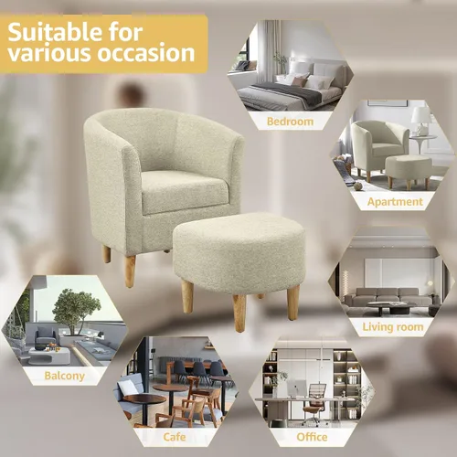 Miniatura 7 de DAZONE Silla de acento, silla barril con otomano, cómoda con reposabrazos, juego de reposapiés estilo mediados del siglo XX, sillas de sala cómodas
