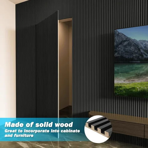 Miniatura 2 de Art3d Paneles de pared de madera de listones para decoración de interiores y techos, paquete de 4 piezas + 1 moldura final, tamaño 108 x 5.7 Negro