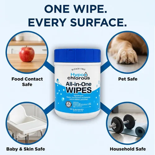 Miniatura 6 de Toallitas de ácido hipocloroso (paquete de 2) – 200 unidades sin perfume, limpiador no tóxico para la piel, bebé, mascota, hogar y gimnasio – Sin
