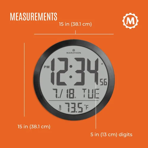 Miniatura 5 de MARATHON Reloj de pared digital moderno negro – Pantalla fácil de leer de 15 pulgadas con día, fecha y temperatura para oficina en casa, cocina