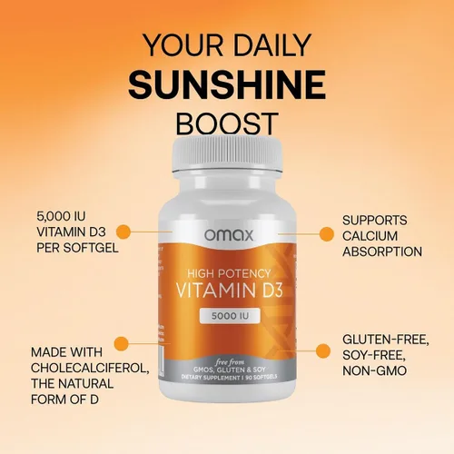 Miniatura 3 de Omax3 Vitamina D3 de alta potencia 5,000 UI (125 mcg) Huesos, músculos y articulaciones fuertes, salud cardíaca, inmunidad, sin OMG, sin gluten, sin