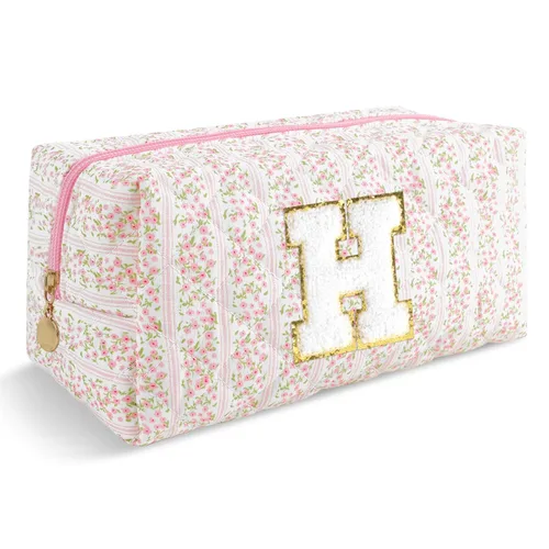 Miniatura 78 de Pequeña bolsa de maquillaje personalizada con inicial A-Z Preppy Patch, bolsa de cosméticos de viaje de felpilla blanca con cremallera, bonita bolsa