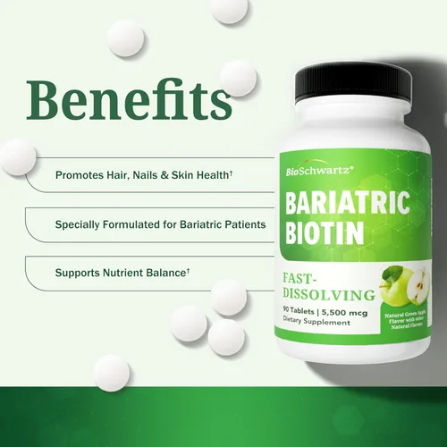 Miniatura 4 de BioSchwartz Bariatric - Tabletas masticables de biotina – 5500 mcg de biotina por porción – Sabor a manzana verde, suministro de 3 meses – Vitaminas