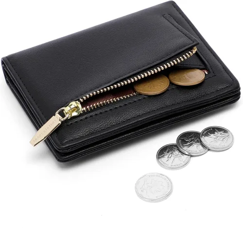 Miniatura 2 de Cartera pequeña para mujer con bloqueo RFID, cartera de bolsillo doble, cartera compacta y delgada para mujeres, carteras mini para mujeres, Negro