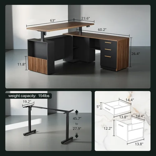 Miniatura 2 de ModernMate - Escritorio de pie de 63" con gabinete de archivos, panel de privacidad, AC/USB, escritorio ejecutivo de 1.18" de altura ajustable