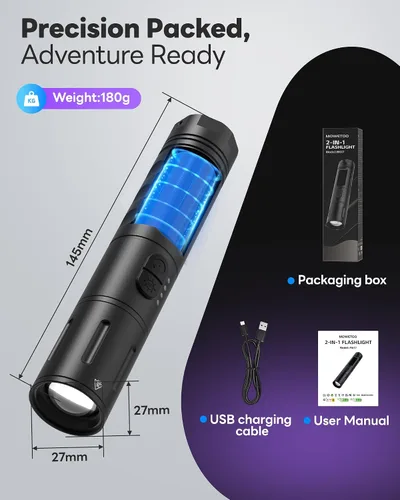 Miniatura 7 de Linterna de luz negra UV, recargable 2 en 1, linterna de luz blanca LED y luz negra de 395 nm, impermeable, zoomable, LED súper brillante