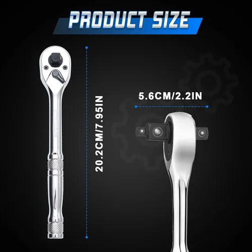 Miniatura 5 de Mango de trinquete 3 en 1,1/4", 3/8", llave de trinquete de 1/2", interruptor reversible de 72 dientes,Chapado en cromo pulido completo,Acero al