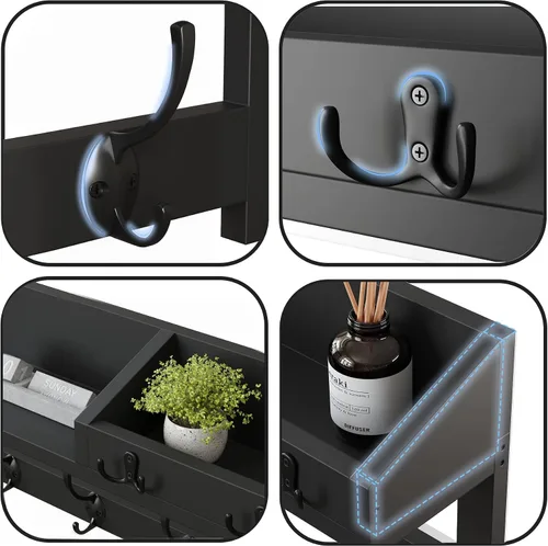 Miniatura 6 de AMBIRD Ganchos de pared con estante, ganchos de abrigo de madera para entrada de 26.57 pulgadas para pared, perchero de pared montado en pared con 5